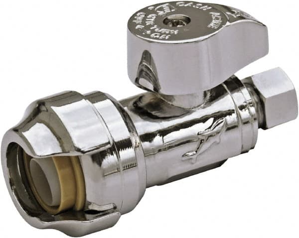 SharkBite - 1/2 & 1/4" Pipe, 200 psi WOG Rating, Brass Stop Valve - Chrome Finished Handle, Push Fit End Connections, For Potable Water Applications - Makers Industrial Supply