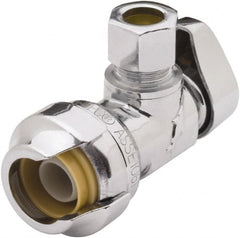 SharkBite - 1/2 & 3/8" Pipe, 200 psi WOG Rating, Brass Angle Stop Valve - Chrome Finished Handle, Push Fit End Connections, For Potable Water Applications - Makers Industrial Supply