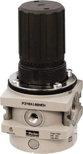 Parker - 1 NPT Port, 550 CFM, Aluminum Hi-Flow Regulator - 0 to 174 psi Range, 254 Max psi Supply Pressure, 1/4" Gauge Port Thread, 3-1/2" Wide x 7.2" High - Makers Industrial Supply