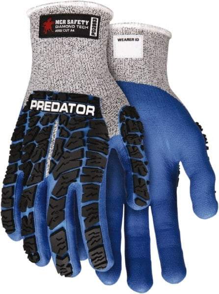 MCR Safety - Size M (8), ANSI Cut Lvl A4, Nitrile Coated Dyneema Diamond HPPE liner Cut Resistant Gloves - Palm & Fingers Coated, EVA Foam Lining, Knit Wrist, Salt & Pepper/Blue/Black, Paired - Makers Industrial Supply