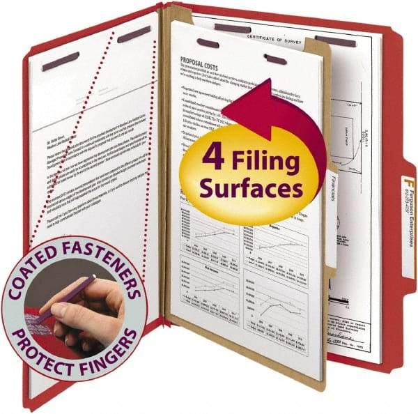 SMEAD - 8-1/2 x 11", Letter Size, Bright Red, Classification Folders with Top Tab Fastener - 23 Point Stock, Right of Center Tab Cut Location - Makers Industrial Supply