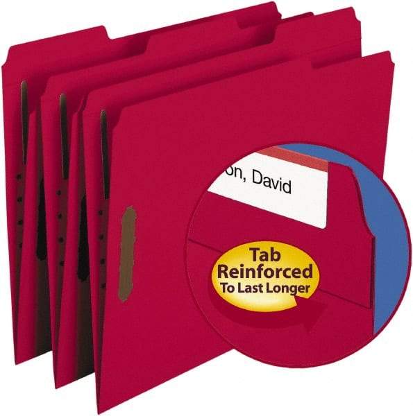 SMEAD - 8-1/2 x 11", Letter Size, Red, File Folders with Top Tab - 11 Point Stock, Assorted Tab Cut Location - Makers Industrial Supply