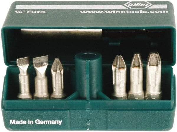 Wiha - 7 Piece, 1/4" Drive Screwdriver Insert Bit Set - #1 to #3 Phillips, 5.5 & 6.5mm Slotted - Makers Industrial Supply