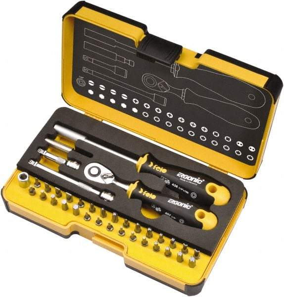 Felo - 36 Piece, 1/4" Drive Screwdriver Mini-Ratchet Bit Kit - #0 to #3 Phillips, 2 to 6mm Hex, T5 to T40 Torx, #1, #2 & #3 Pozidriv, 1/8, 5/32, 3/16, 7/32, 1/4 & 9/32" Slotted - Makers Industrial Supply