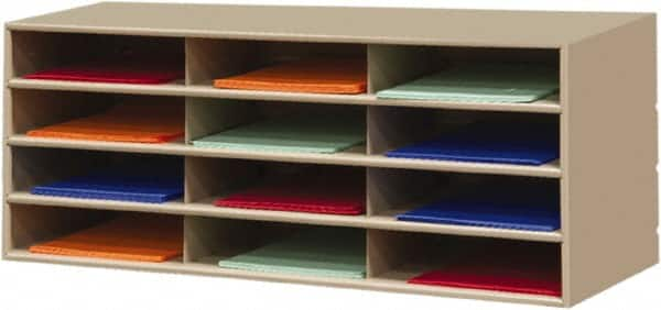 Durham - 38" Wide x 18" High x 16" Deep Steel Literature Holder - 12 Compartments, Tan, 11" Wide x 3" High x 11-5/8" Deep Compartment - Makers Industrial Supply