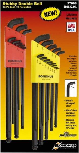 Bondhus - 22 Piece, L-Wrench Ball End Hex Key Set - 0.05 to 3/8" Range, 3.16" OAL, - Makers Industrial Supply