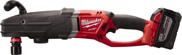 Milwaukee Tool - 18 Volt 7/16" Chuck Right Angle Handle Cordless Drill - 0-1200 RPM, Reversible, 2 Lithium-Ion Batteries Included - Makers Industrial Supply