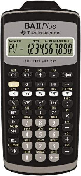 Texas Instruments - LCD Financial Calculator - 3 x 6 Display Size, Black, Battery Powered, 2.4" Long x 6-1/2" Wide - Makers Industrial Supply