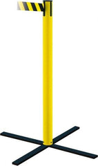 Tensator - 36" High, 5" Pole Diam, Stowaway Post - 22-3/4" Base Diam, Flat Metal Base, Yellow Plastic Post, 7-1/2' x 2" Tape, Single Line Tape, For Outdoor Use - Makers Industrial Supply