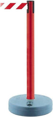 Tensator - 38" High, 2-1/2" Pole Diam, Barricade Tape Dispenser - 14" Base Diam, Round Plastic Base, Red Polymer Post, 7-1/2' x 1-7/8" Tape, Single Line Tape, For Outdoor Use - Makers Industrial Supply