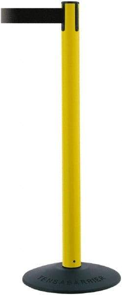 Tensator - 38" High, 2-1/2" Pole Diam, Barricade Tape Dispenser - 14" Base Diam, Round Stainless Steel Base, Yellow Polymer Post, 7-1/2' x 1-7/8" Tape, Single Line Tape, For Outdoor Use - Makers Industrial Supply