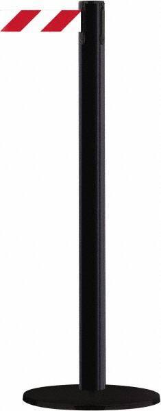 Tensator - 38" High, 2-1/2" Pole Diam, Barricade Tape Dispenser - 14" Base Diam, Round Stainless Steel Base, Black Steel Post, 13' x 1-7/8" Tape, Single Line Tape, For Outdoor Use - Makers Industrial Supply