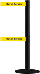 Tensator - 38" High, 2-1/2" Pole Diam, Barricade Tape Dispenser - 14" Base Diam, Round Plastic Base, Black Steel Post, 13' x 1-7/8" Tape, Dual Line Tape, For Outdoor Use - Makers Industrial Supply