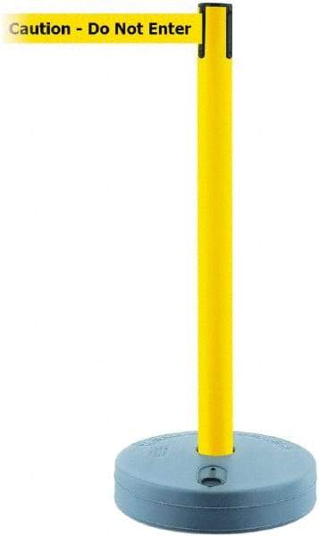 Tensator - 38" High, 2-1/2" Pole Diam, Barricade Tape Dispenser - 14" Base Diam, Round Plastic Base, Yellow Polymer Post, 7-1/2' x 1-7/8" Tape, Single Line Tape, For Outdoor Use - Makers Industrial Supply