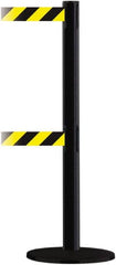 Tensator - 38" High, 2-1/2" Pole Diam, Barricade Tape Dispenser - 14" Base Diam, Round Plastic Base, Black Steel Post, 13' x 1-7/8" Tape, Dual Line Tape, For Outdoor Use - Makers Industrial Supply