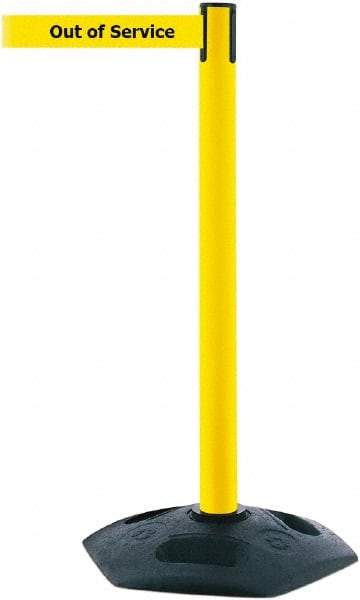 Tensator - 38" High, 2-1/2" Pole Diam, Barricade Tape Dispenser - 14" Base Diam, Round Rubber Base, Yellow Polymer Post, 7-1/2' x 1-7/8" Tape, Single Line Tape, For Outdoor Use - Makers Industrial Supply