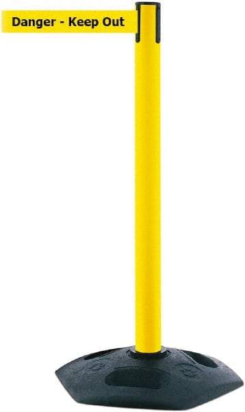 Tensator - 38" High, 2-1/2" Pole Diam, Barricade Tape Dispenser - 14" Base Diam, Round Rubber Base, Yellow Polymer Post, 7-1/2' x 1-7/8" Tape, Single Line Tape, For Outdoor Use - Makers Industrial Supply