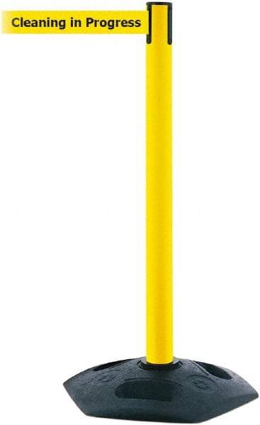 Tensator - 38" High, 2-1/2" Pole Diam, Barricade Tape Dispenser - 14" Base Diam, Round Rubber Base, Yellow Polymer Post, 7-1/2' x 1-7/8" Tape, Single Line Tape, For Outdoor Use - Makers Industrial Supply