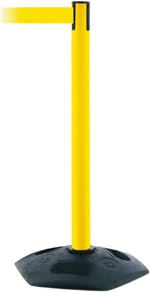 Tensator - 38" High, 2-1/2" Pole Diam, Barricade Tape Dispenser - 14" Base Diam, Round Rubber Base, Yellow Polymer Post, 7-1/2' x 1-7/8" Tape, Single Line Tape, For Outdoor Use - Makers Industrial Supply