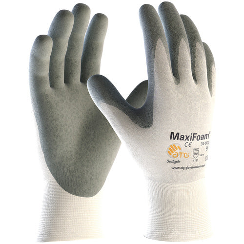 ‎34-800/L Nitrile Foam Coated Gloves - MaxiFoam Premium - 15G White Nylon Shell - Gray Nitrile Foam Coating - Exact Industrial Supply