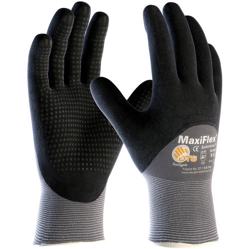 ‎34-845/S MaxiFlex Seamless Knits - MaxiFlex Endurance - 15G Gry Nylon - Black 3/4 MicroFoam Nitrile Dot Coat - Exact Industrial Supply