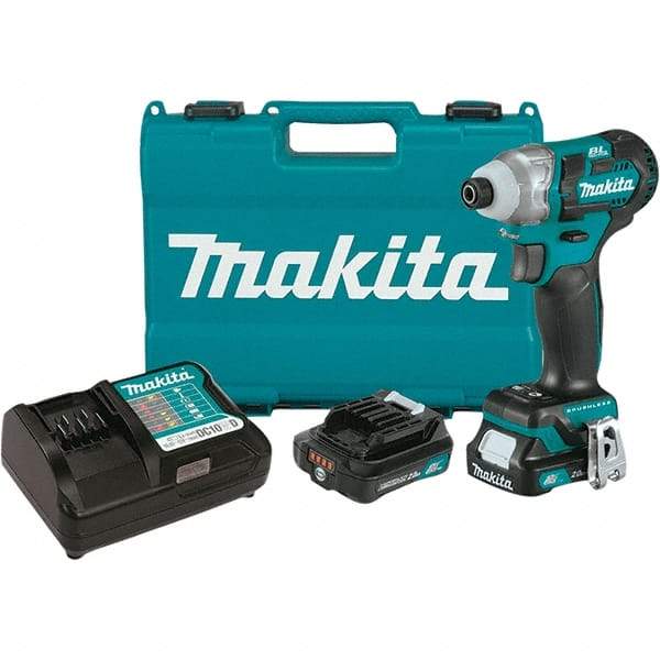 Makita - 12 Volt, 1/4" Drive, 100 Ft/Lb Torque, Cordless Impact Driver - Pistol Grip Handle, 3000 RPM, 2 Lithium-Ion Batteries Included - Makers Industrial Supply