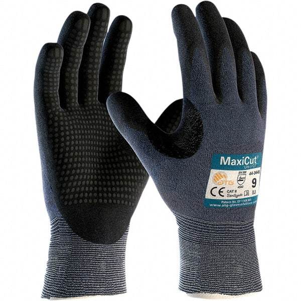 ATG - Size S, ANSI Cut Lvl A3, Puncture Lvl 2, Abrasion Lvl 4, Nitrile Coated Engineered Yarn Cut Resistant Gloves - Palm & Fingers Coated, Knit Wrist, Blue, Paired - Makers Industrial Supply