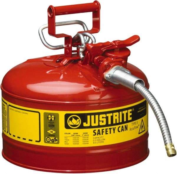 Justrite - 2.5 Gal Galvanized Steel Type II Safety Can - 12" High x 11-3/4" Diam, Red with Yellow - Makers Industrial Supply