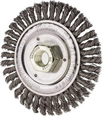 Weiler - 4-1/2" OD, 5/8" Arbor Hole, Knotted Steel Wheel Brush - 3/16" Face Width, 7/8" Trim Length, 0.02" Filament Diam, 12,500 RPM - Makers Industrial Supply