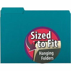 SMEAD - 11-5/8 x 9-3/16", Letter Size, Teal, File Folders with Top Tab - 11 Point Stock, Assorted Tab Cut Location - Makers Industrial Supply