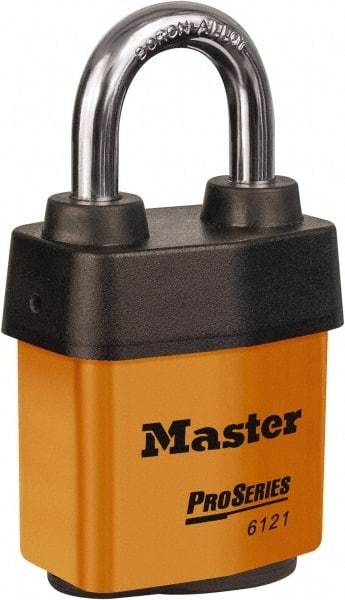 Master Lock - 1-1/8" Shackle Clearance, Keyed Different Padlock - 5/16" Shackle Diam, Laminated Steel - Makers Industrial Supply