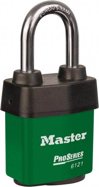 Master Lock - 1-1/2" Shackle Clearance, Keyed Different Padlock - 5/16" Shackle Diam, Laminated Steel - Makers Industrial Supply