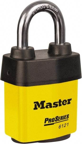 Master Lock - 1-1/8" Shackle Clearance, Keyed Different Padlock - 5/16" Shackle Diam, Laminated Steel - Makers Industrial Supply