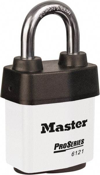 Master Lock - 1-1/8" Shackle Clearance, Keyed Different Padlock - 5/16" Shackle Diam, Laminated Steel - Makers Industrial Supply