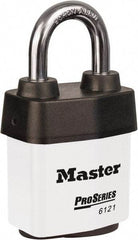 Master Lock - 1-1/8" Shackle Clearance, Keyed Different Padlock - 5/16" Shackle Diam, Laminated Steel - Makers Industrial Supply