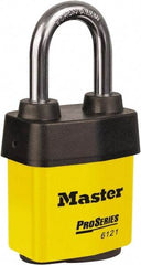 Master Lock - 1-1/2" Shackle Clearance, Keyed Different Padlock - 5/16" Shackle Diam, Laminated Steel - Makers Industrial Supply