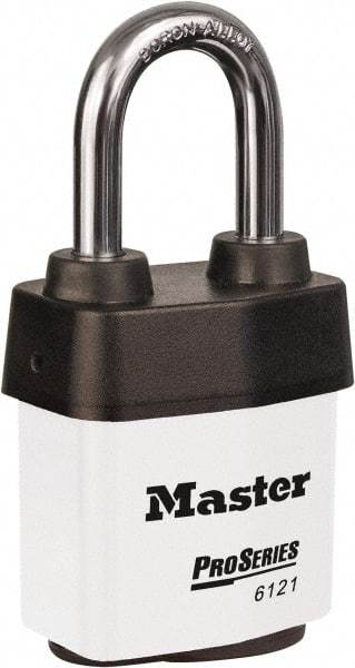 Master Lock - 1-1/2" Shackle Clearance, Keyed Different Padlock - 5/16" Shackle Diam, Laminated Steel - Makers Industrial Supply