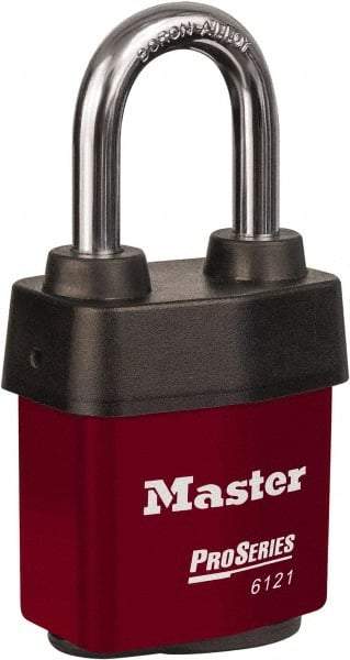 Master Lock - 1-1/2" Shackle Clearance, Keyed Different Padlock - 5/16" Shackle Diam, Laminated Steel - Makers Industrial Supply