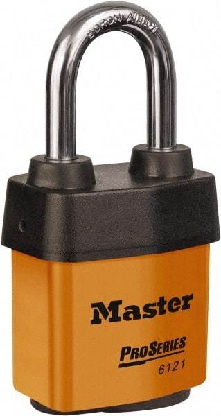 Master Lock - 1-1/2" Shackle Clearance, Keyed Different Padlock - 5/16" Shackle Diam, Laminated Steel - Makers Industrial Supply