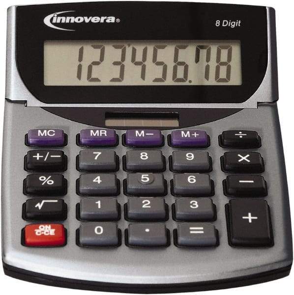 innovera - 8-Digit LCD Portable Calculator - Silver & Black, Solar & Battery Powered, 8.19" Long x 5.98" Wide - Makers Industrial Supply