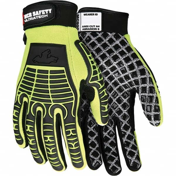 MCR Safety - Size S, ANSI Cut Lvl A4, Abrasion Lvl 6, Silicone Coated Cut Resistant Gloves - Palm Coated, Unlined, Hook & Loop Cuff, Hi-Vis Lime/Black, Paired - Makers Industrial Supply