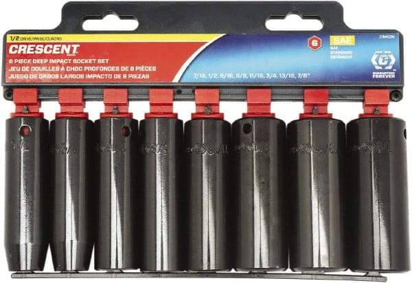 Crescent - 8 Piece 1/2" Drive Chrome Vanadium Finish Deep Well Socket Set - 6 Points, 7/16" to 7/8" Range, Inch Measurement Standard - Makers Industrial Supply