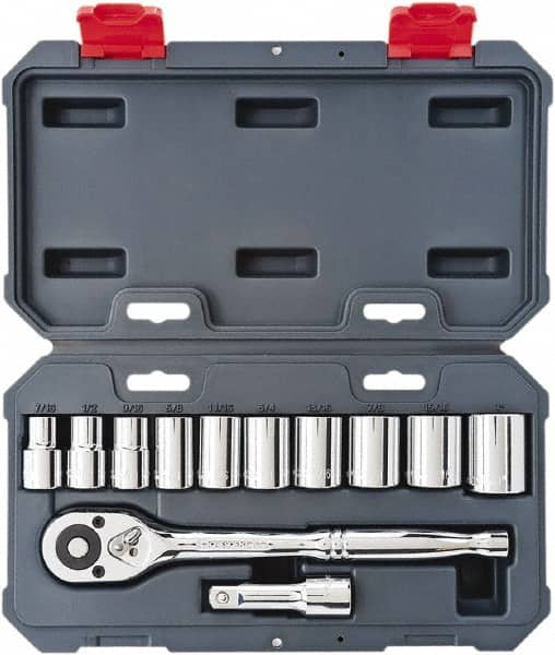 Crescent - 12 Piece 1/2" Drive Chrome Vanadium Finish Socket Set - 12 Points, 7/16" to 1" Range, Inch Measurement Standard - Makers Industrial Supply