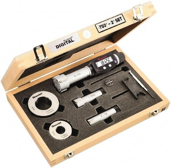 Starrett - 20 to 50mm, 80mm Gage Depth, 0.001mm Resolution, Friction Thimble, IP65 Electronic Inside Hole Micrometer Set - Accurate to 0.004mm, 1 Head, 3 Anvils, 2 Setting Rings, Data Output, Instant Inch/Millimeter Conversion - Makers Industrial Supply