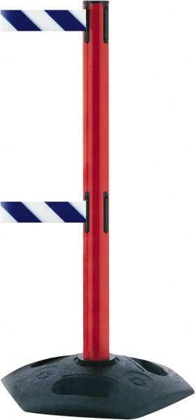 Tensator - 38" High, 2-1/2" Pole Diam, 4 Way Stanchion - 19" Base Diam, Octagon Recycled Rubber Base, Red Plastic Post, 7-1/2' x 2" Tape, Dual Line Tape, For Outdoor Use - Makers Industrial Supply