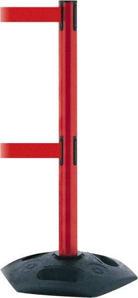 Tensator - 38" High, 2-1/2" Pole Diam, 4 Way Stanchion - 19" Base Diam, Octagon Recycled Rubber Base, Red Plastic Post, 7-1/2' x 2" Tape, Dual Line Tape, For Outdoor Use - Makers Industrial Supply