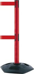 Tensator - 38" High, 2-1/2" Pole Diam, 4 Way Stanchion - 19" Base Diam, Octagon Recycled Rubber Base, Red Plastic Post, 7-1/2' x 2" Tape, Dual Line Tape, For Outdoor Use - Makers Industrial Supply