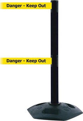 Tensator - 38" High, 2-1/2" Pole Diam, 4 Way Stanchion - 19" Base Diam, Octagon Recycled Rubber Base, Black Plastic Post, 7-1/2' x 2" Tape, Dual Line Tape, For Outdoor Use - Makers Industrial Supply