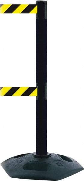 Tensator - 38" High, 2-1/2" Pole Diam, 4 Way Stanchion - 19" Base Diam, Octagon Recycled Rubber Base, Black Plastic Post, 7-1/2' x 2" Tape, Dual Line Tape, For Outdoor Use - Makers Industrial Supply