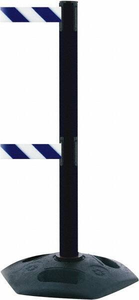 Tensator - 38" High, 2-1/2" Pole Diam, 4 Way Stanchion - 19" Base Diam, Octagon Recycled Rubber Base, Black Plastic Post, 7-1/2' x 2" Tape, Dual Line Tape, For Outdoor Use - Makers Industrial Supply